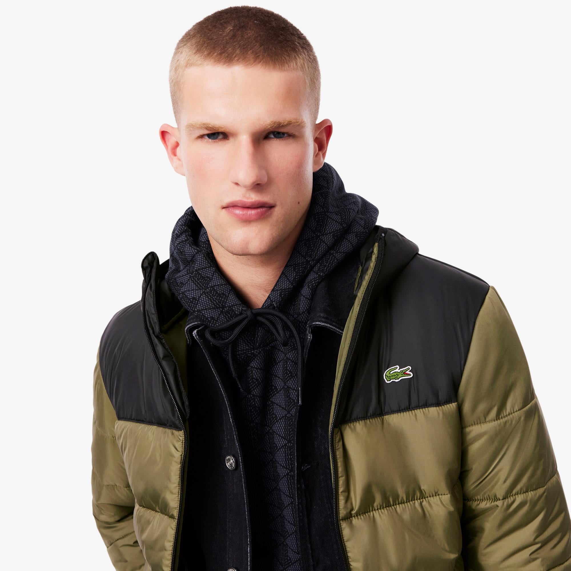 Mens Lacoste Hooded Water-Repellent Jacket Olive/Black